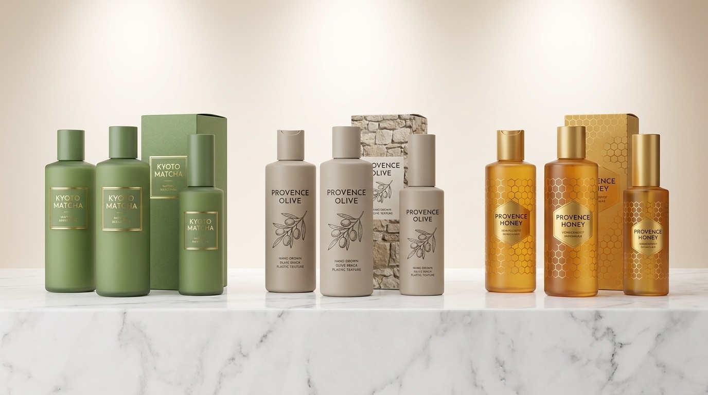 Destination Hotel Amenity Sets – One Local Ingredient Per City: Kyoto Matcha, Provence Olive, Provence Honey