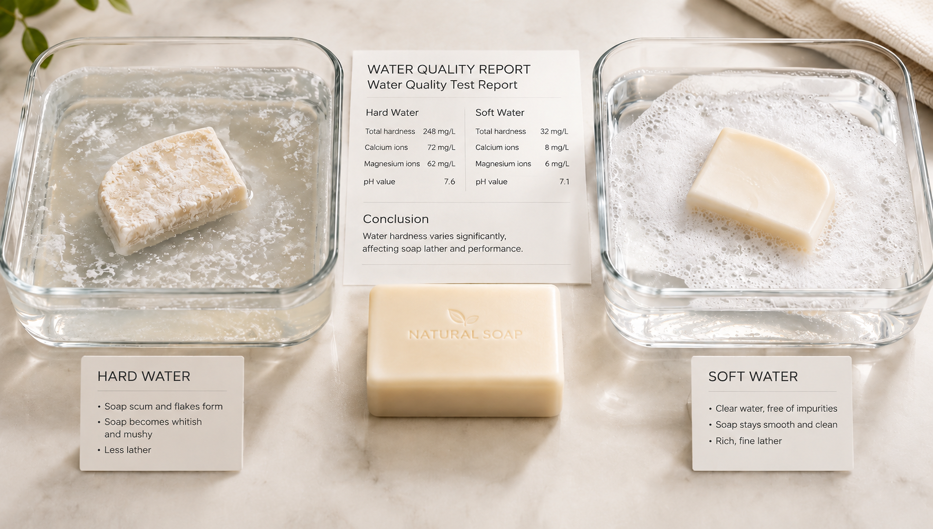 The Same Bar of Soap: Guests in Hard Water Say It Won't Lather, Guests in Soft Water Say It Doesn't Rinse Clean
