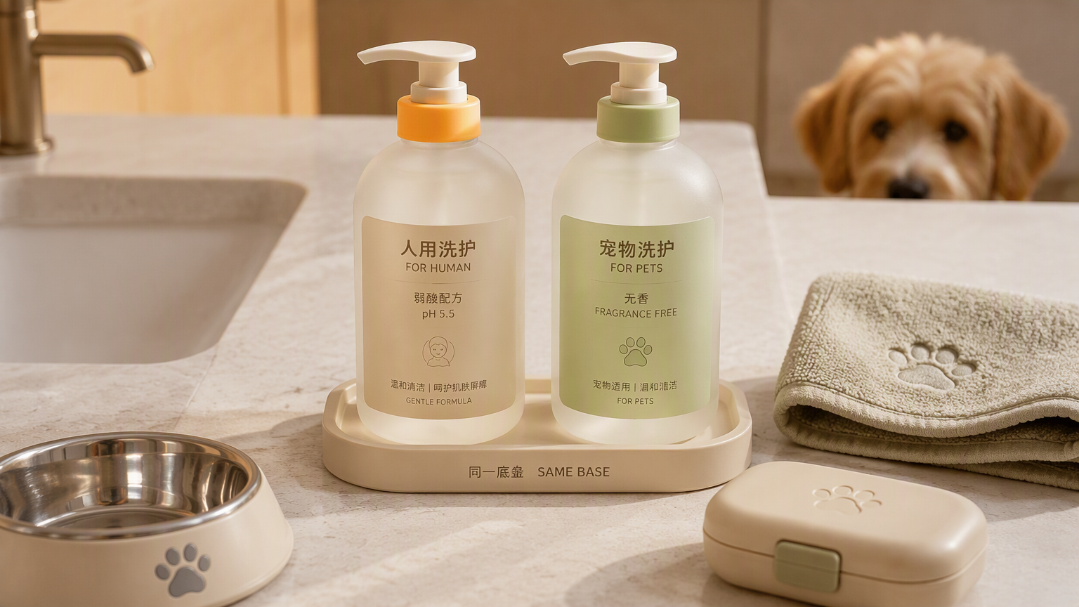 Human-Pet Shared Bath Room Type: How Can One Toiletry Set Accommodate Two Types of Skin?